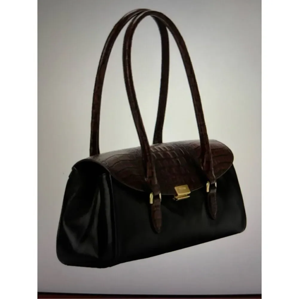 Brahmin Brown Croc-Textured & Black Leather Satchel - Picture 3 of 6